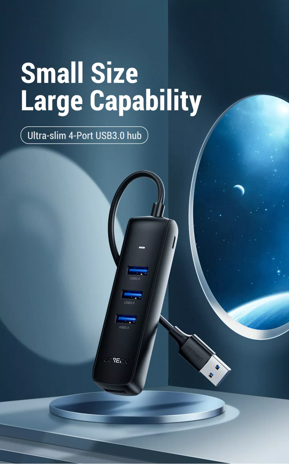 UGREEN CM416 USB 2.0 TO 3*USB 2.0+RJ45 (100Mbps)ETHERNET ADAPTER - Black