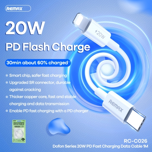 REMAX RC-C026 C-L DOFON SERIES 20W PD FAST CHARGING DATA CABLE FOR TYPE-C TO IPH (1M) (20W), PD Cable, Fast Charging Cable, iPhone Cable