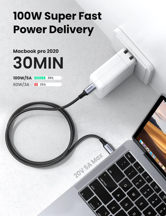 UGREEN US316 USB-C TO USB-C 2.0 CABLE 100W ALUMINUM CASE WITH BRAID (TYPE C TO TYPE C 100W 3A NYLON BRAID)(1.5M), 100W Cable, Type-C to Type-C Cable, Data Cable, PD Cable, 3A Cable, Nylon Braid Cable