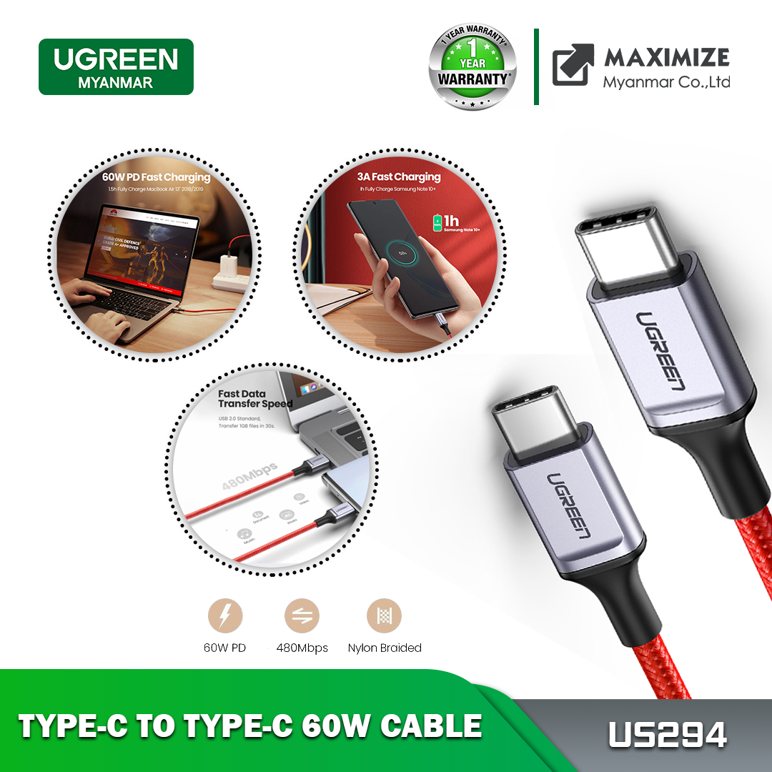 UGREEN OFFICIAL US294 60W USB C to C Fast Charging Cable, C TO C  Data Cable ,Type C to Type C Fast Charging Cable , USB C Cable , PD Cable , PD Port , C to C Cable Samsung , Xiaomi , Apple , Huawei