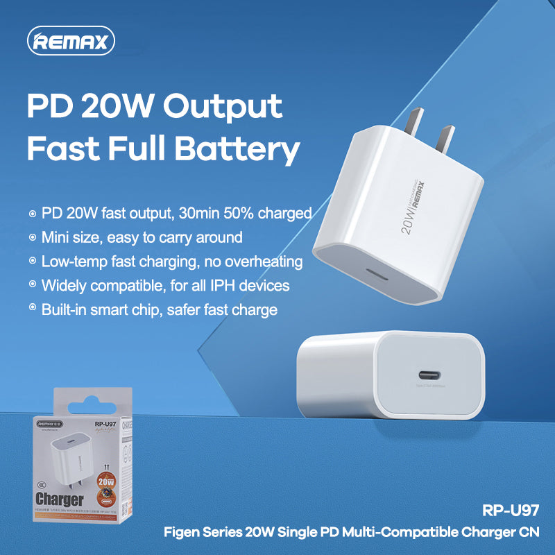 REMAX RP-U97 FIGEN SERIES SINGLE PD 20W MULTI-COMPATIBLE CHARGER, 20W Fast Charger, PD Charger