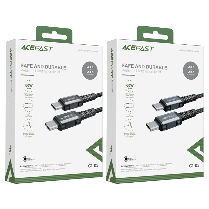 ACEFAST C1-03 USB-C TO USB-C ALUMINUM ALLOY CHARGING DATA CABLE (60W MAX)(1.2M), PD Cable, 60W Cable, Charging Cable, Data Cable