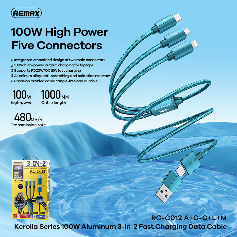 REMAX RC-C012 3 IN 2 KEROLLA SERIES 100W ALUMINUM 3-IN-2 FAST CHARGING DATA CABLE