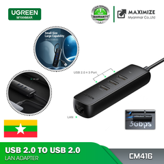 UGREEN CM416 USB 2.0 TO 3*USB 2.0+RJ45 (100Mbps)ETHERNET ADAPTER - Black