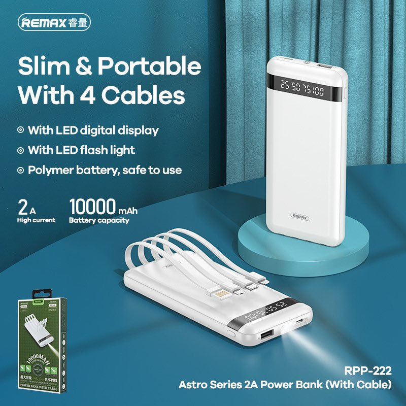 REMAX RPP-222 10000mAh ASTRO SERIES 2A POWER BANK (WITH CABLE), 10000mAh Power Bank, Power Bank with Cable