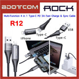 ROCK R12 MULTI-FUNCTION 4 IN 1 TYPE-C PD 3A FAST CHARGE & SYNC NYLON BRAIDED CABLE FOR SAMSUNG / APPLE / HUAWEI / XIAOMI / OPPO / VIVO,4 in 1 Cable, Type C to Lightning, Type C to Type C, USB to Lightning , USB to Type C , IPhone Cable, Type c Cable